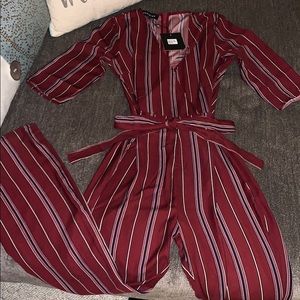 One piece, burgundy pinstriped jumpsuit